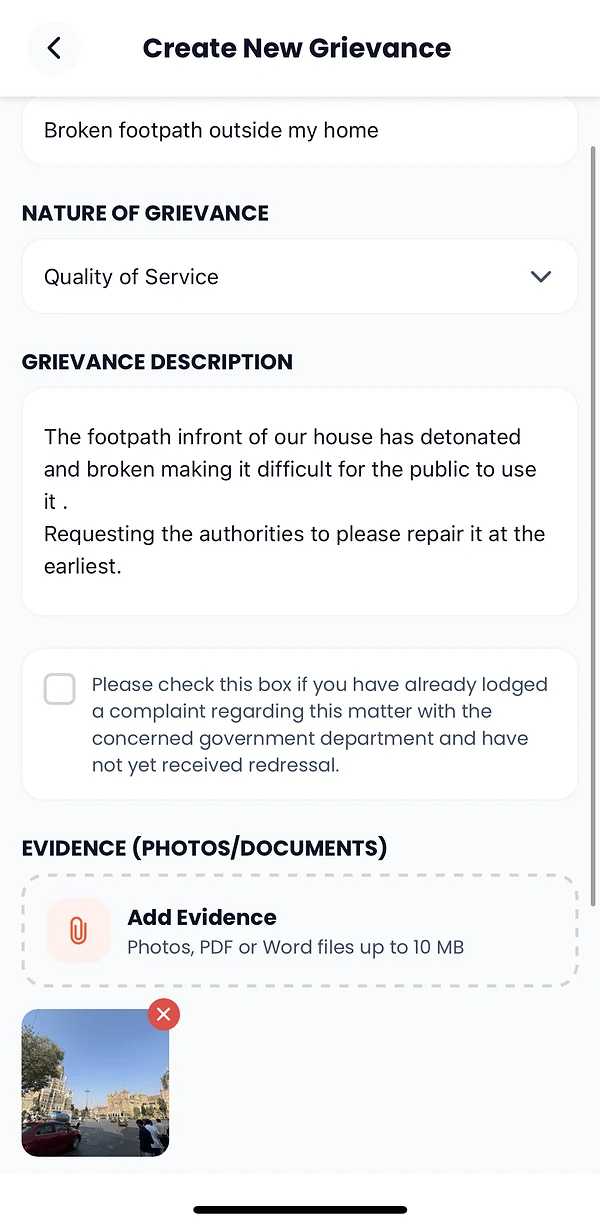 New grievance screen of Goa Public Grievances