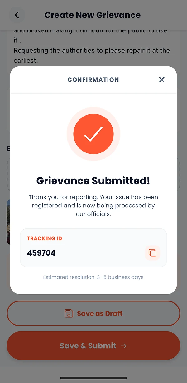 Submitted screen of Goa Public Grievances