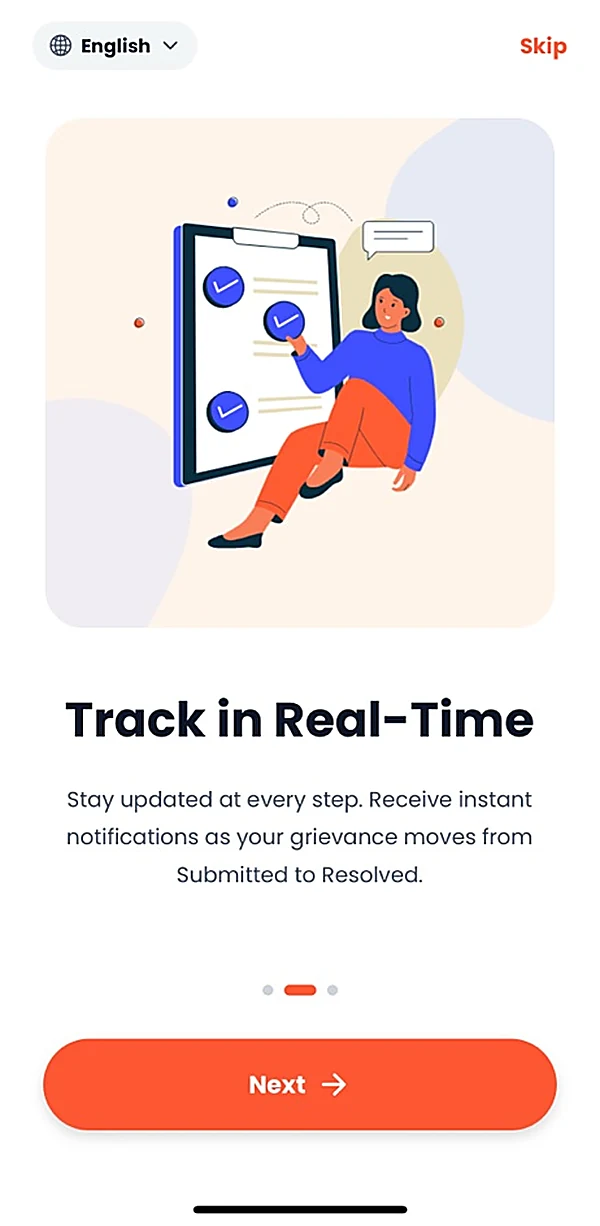 Onboarding — Track in Real-Time: instant notifications as a grievance moves from Submitted to Resolved